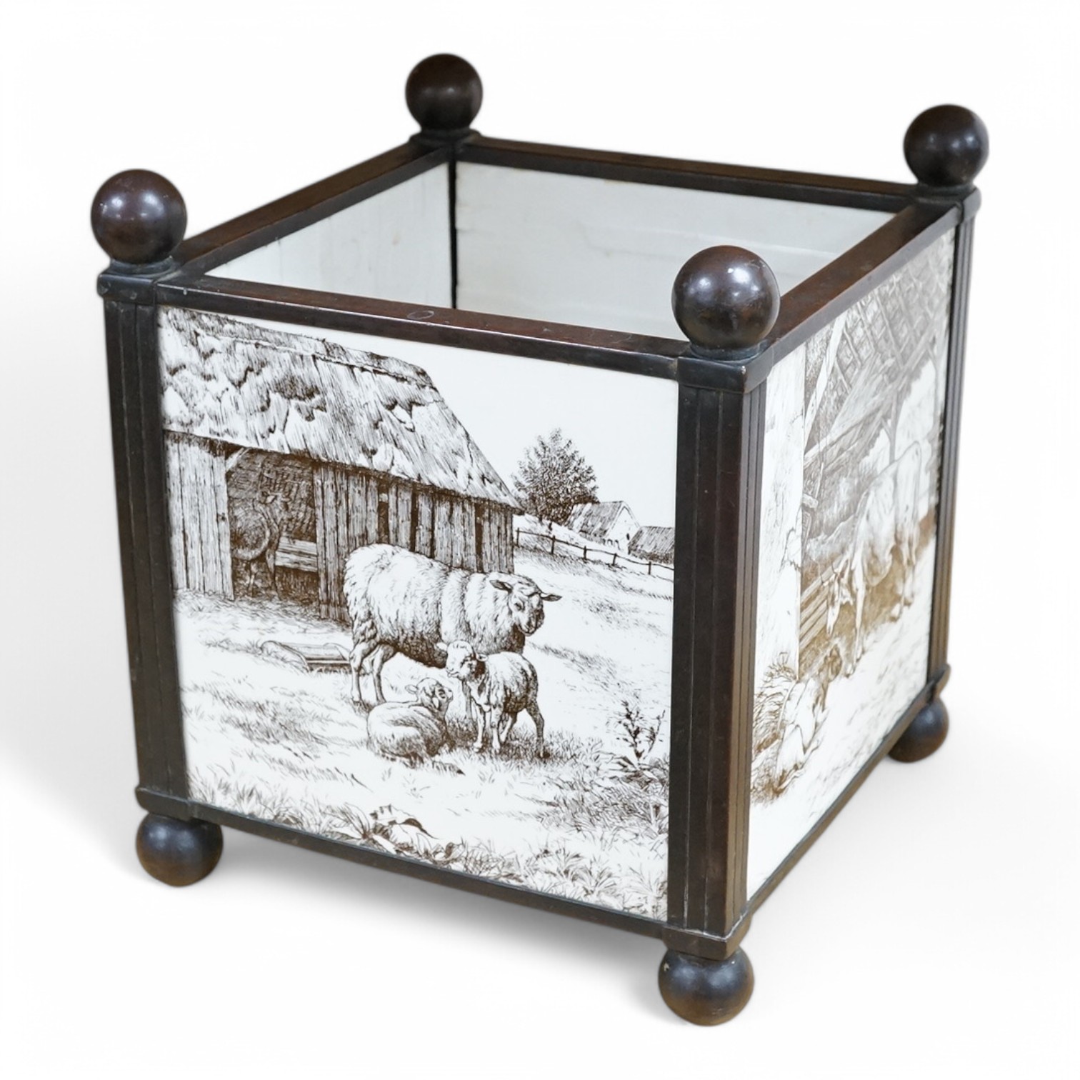 William Wise for Mintons, a tiled planter or jardiniere, brass-framed, 21cm high. Condition - good